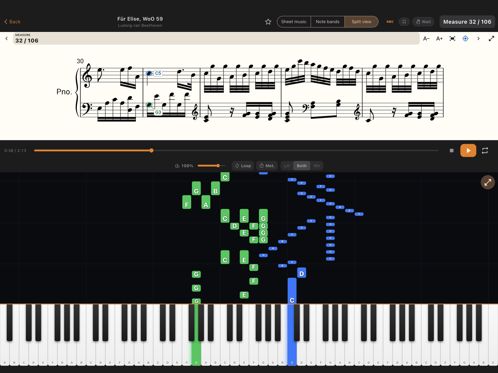 Für Elise in Sonata: complete score system with highlighted notes, note names, piano bars and keys